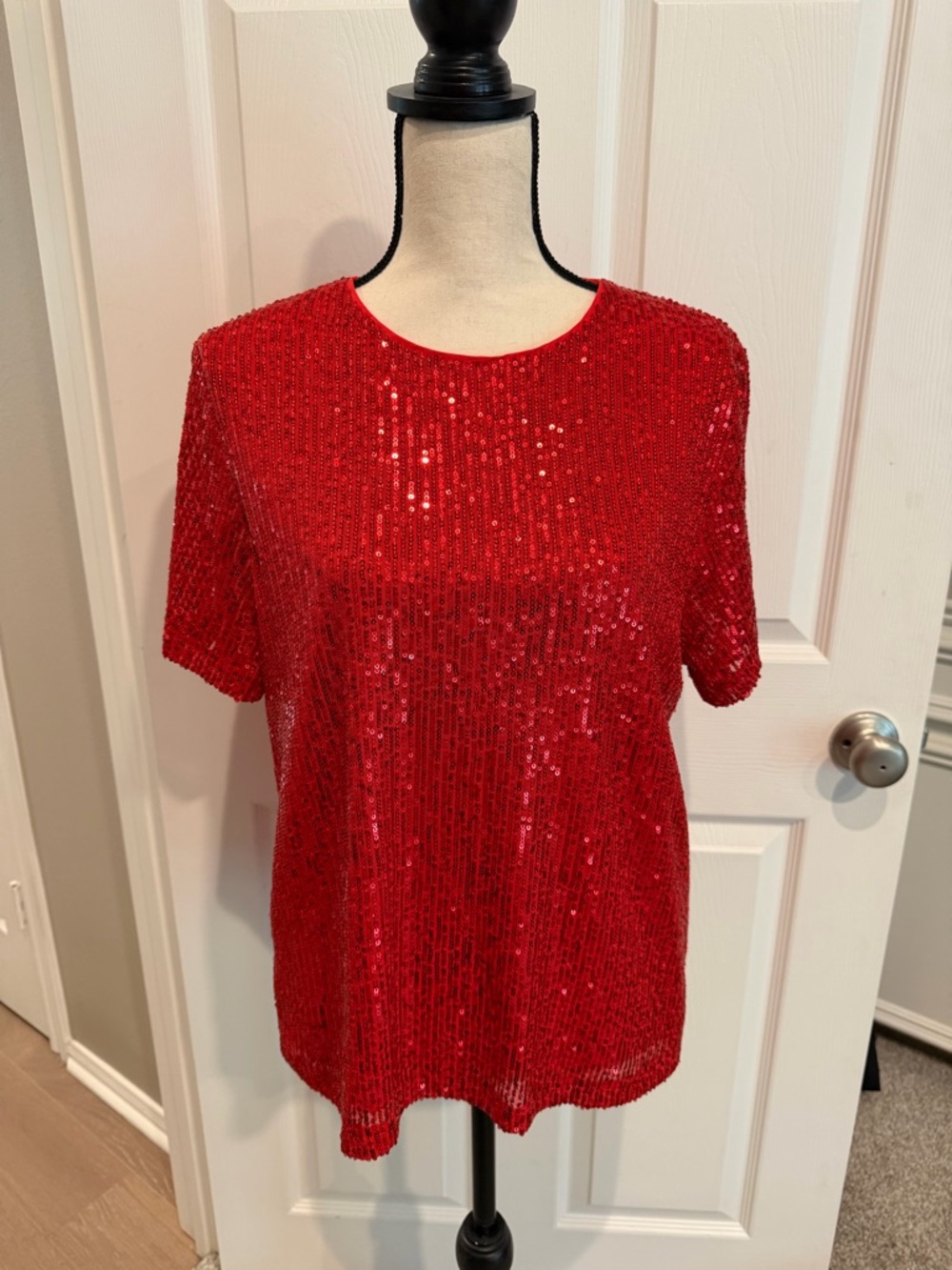 Vine & Love Red Sequin Short Sleeve Top